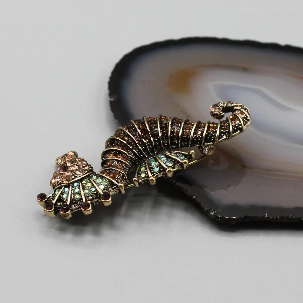 Jewelry pin brooch seahorse water animal crystals gold tone brown green new